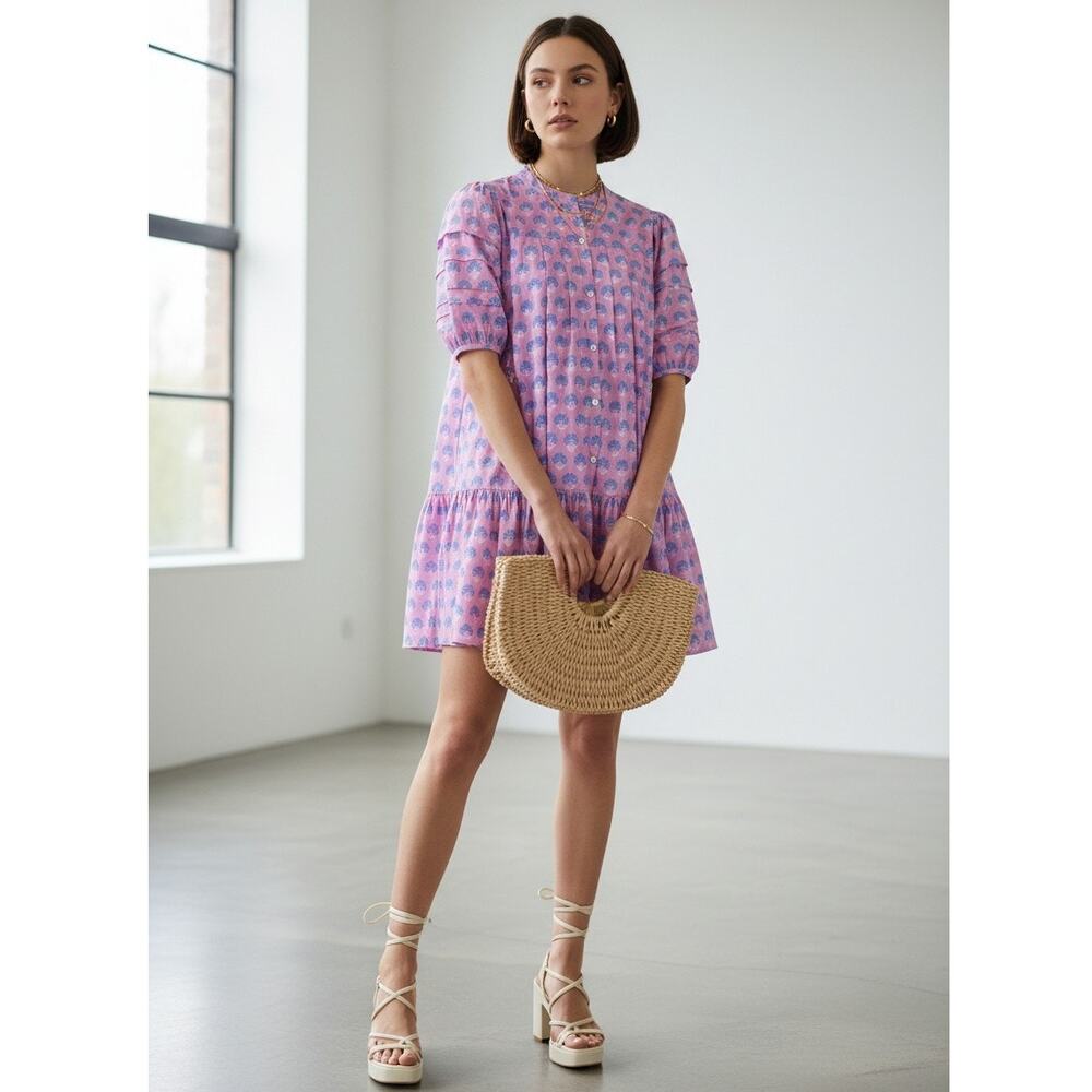 Entro NWT Purple Cotton Babydoll Mini Dress with Puff Sleeves Sz M - Picture 2 of 10